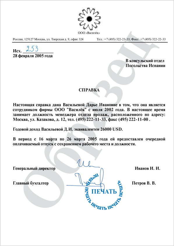 Справка о зарплате для визы образец