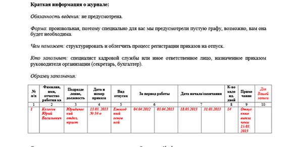 Журнал уведомлений о начале отпуска образец